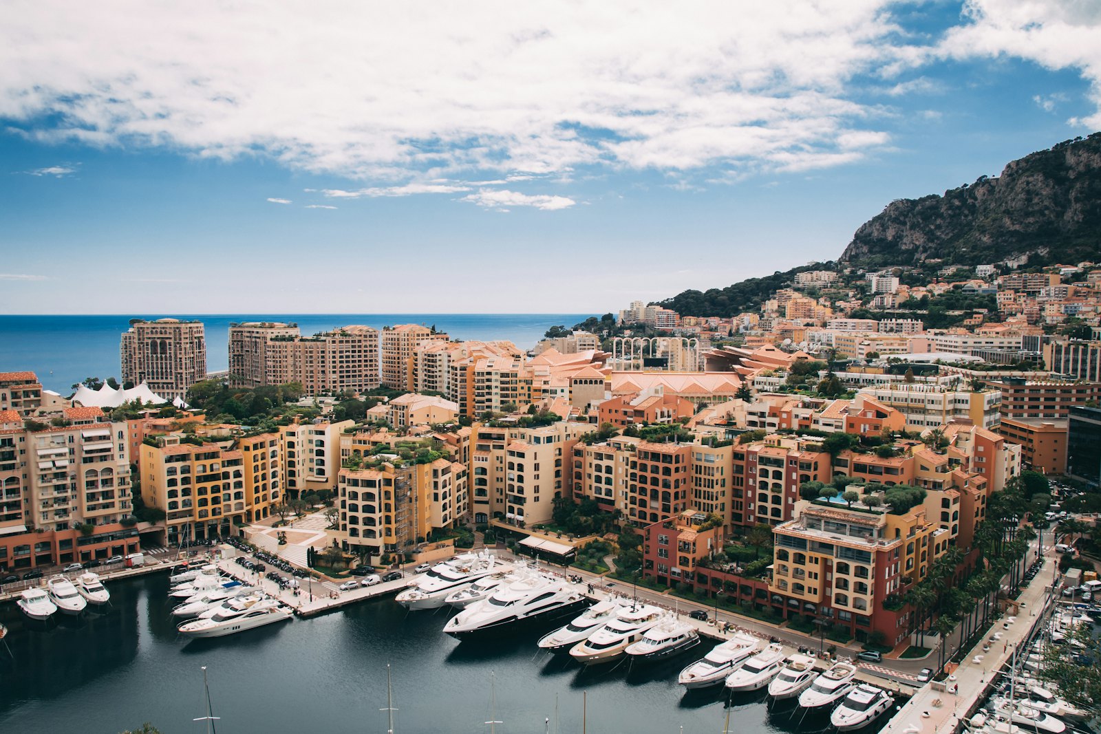 Monaco's Fontvieille harbour with yachts and apartment terraces